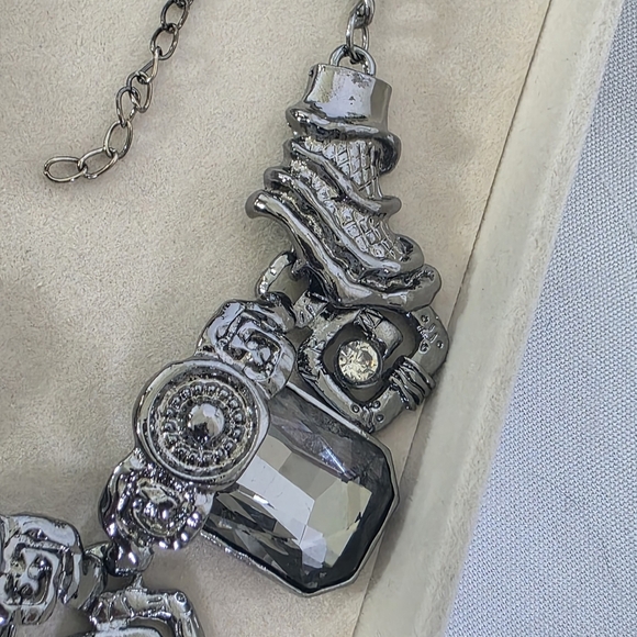 Oxidized Silver Statement Necklace with Smokey Grey Crystal Stones - Picture 5 of 8